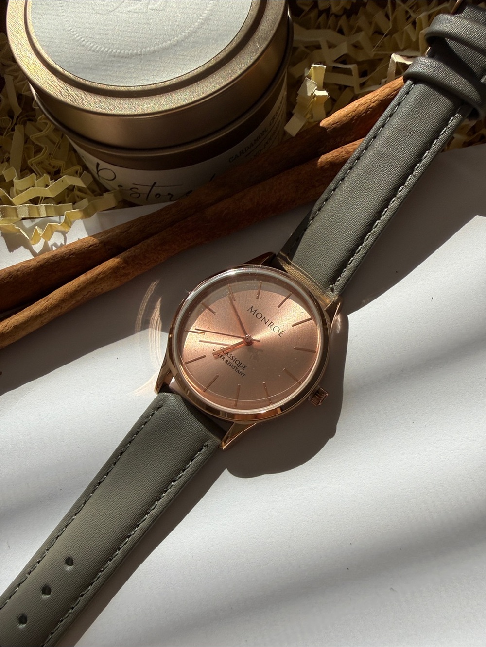 Monroe Rose Gold Dial Watch Wth Gray Leather Strap